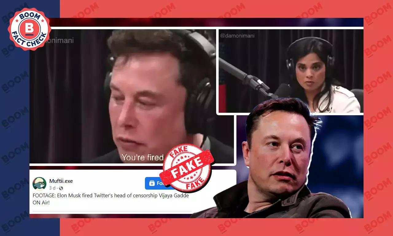 પેરોડી વિડિઓ ખોટી રીતે શેર કરવામાં આવ્યો જેમાં એલોન મુસક વિજયા ગડ્ડેને ઓન એર નોકરી થી કાઢે છે પેરોડી વિડિઓ ખોટી રીતે શેર કરવામાં આવ્યો જેમાં એલોન મુસક વિજયા ગડ્ડેને ઓન એર નોકરી થી કાઢે છે